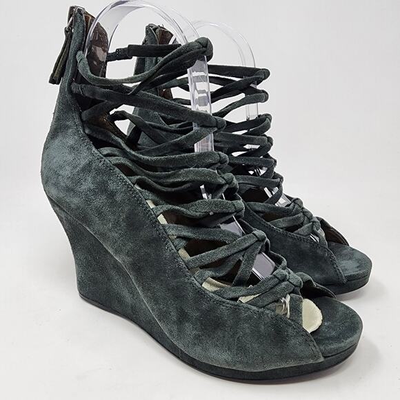 B. Makowsky Wedge Heels Women 6.5 Famie Green Suede strappy platform Peep Toe - Picture 1 of 9